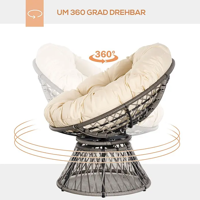Outsunny Garten-Loungesessel - PE Rattan, Stahl, Polyester, Beige, B x T x H: 97 x 87 x 90 cm - Grauer Flecht-Papasan-Sessel mit cremefarbenem Kissen, der um 360 Grad drehbar ist.