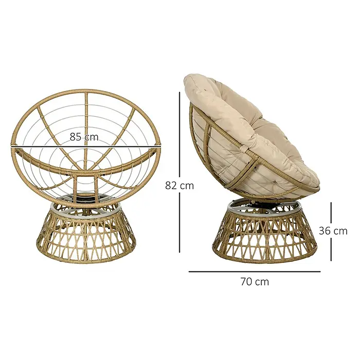 Outsunny Garten-Loungesessel - Stahl, PE-Rattan, Polyester, Khaki, B x T x H: 85 x 70 x 82 cm - Bequemer Papasan-Sessel aus hellbraunem Geflecht mit beigem Kissen.