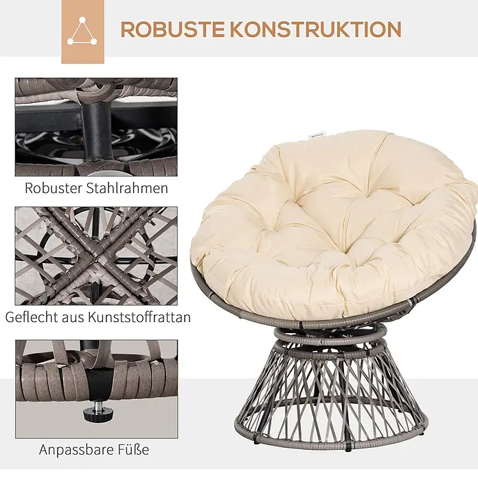 Outsunny Garten-Loungesessel - PE Rattan, Stahl, Polyester, Beige, B x T x H: 97 x 87 x 90 cm - Grau synthetischer Rattan-Papasan-Sessel mit cremefarbenem Kissen, zeigt robusten Stahlrahmen, Geflecht & verstellbare Füße.