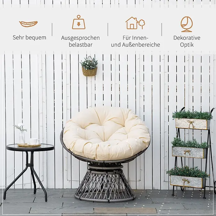 Outsunny Garten-Loungesessel - PE Rattan, Stahl, Polyester, Beige, B x T x H: 97 x 87 x 90 cm - Bequemer Papasan-Sessel mit cremefarbenem Kissen und dunkelgrauem Geflechtgestell auf einer Terrasse.