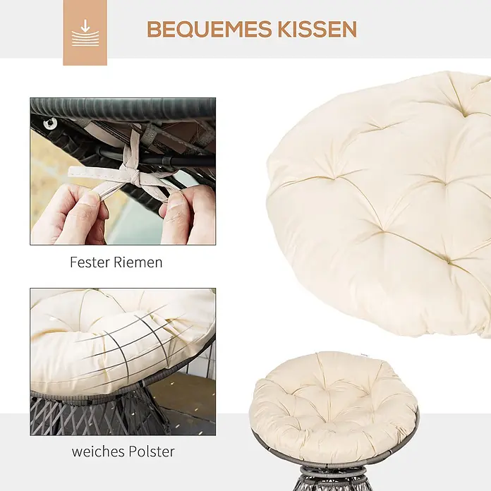 Outsunny Garten-Loungesessel - PE Rattan, Stahl, Polyester, Beige, B x T x H: 97 x 87 x 90 cm - Cremefarbenes, gestepptes rundes Stuhlkissen mit Befestigungsriemen für Komfort.