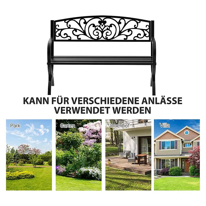 Outsunny Gartenbank - Metall, Schwarz - Schwarze, verzierte Metall-Gartenbank, geeignet für Parks, Gärten, Terrassen und Villen.