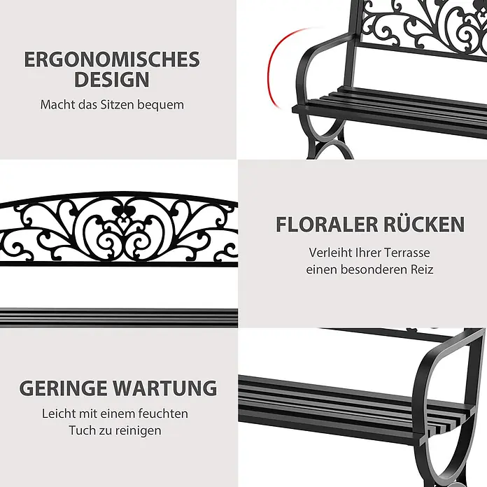 Outsunny Gartenbank - Metall, Schwarz - Schwarze Gartenbank aus Metall mit ergonomischem Design und floraler Rückenlehne.