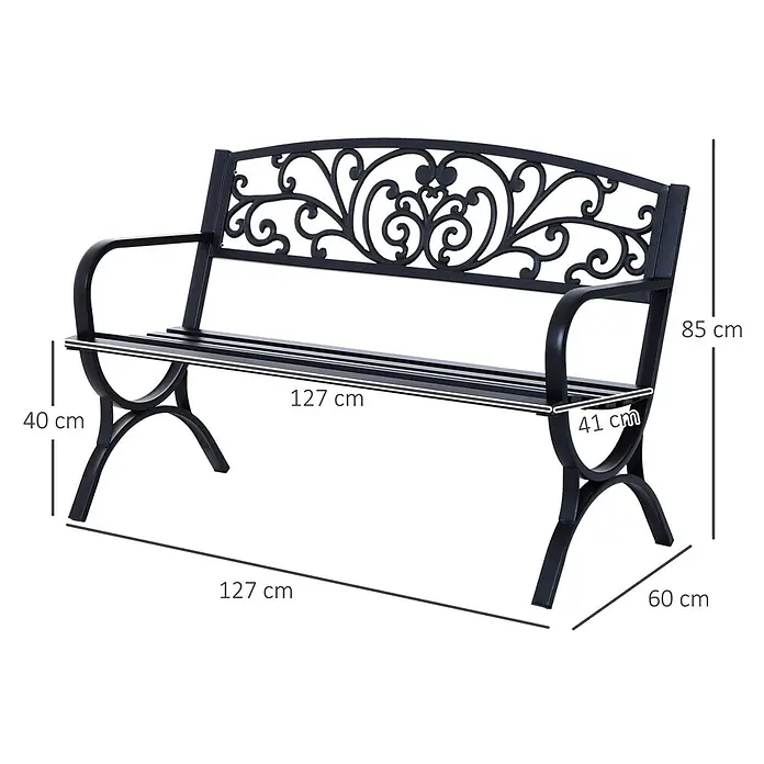 Outsunny Gartenbank - Metall, Schwarz - Schwarze Metall-Gartenbank mit verschnörkeltem Rückenteil und Armlehnen.