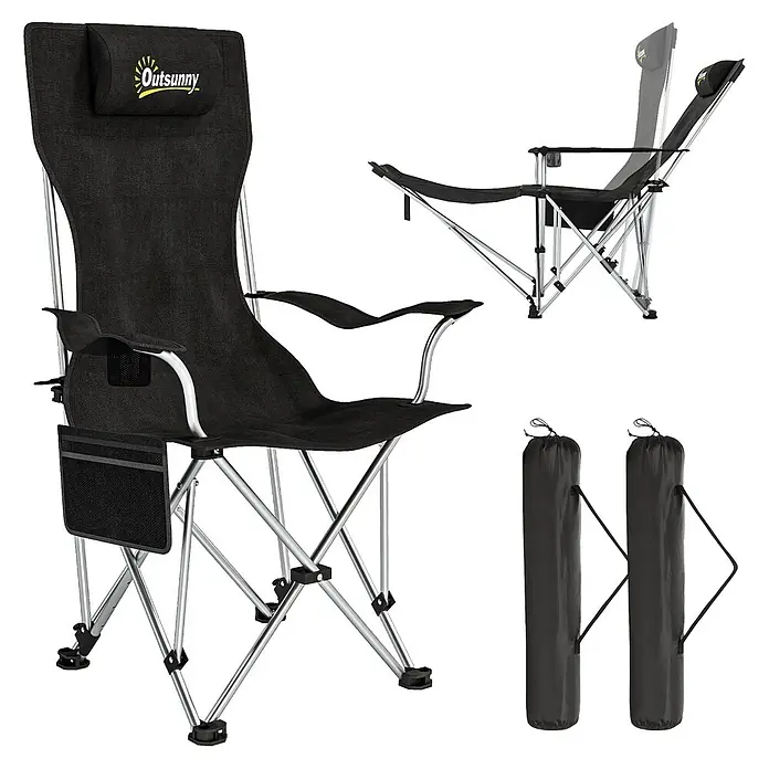 Outsunny Campingliege - Schwarz, B x T: 82 x 100 cm, Metall, Ausziehbar - Schwarzer Klappcampingstuhl mit silbernem Gestell, Kopfstütze, Becherhalter, Seitentasche, liegend und in zwei Tragetaschen gefaltet dargestellt.