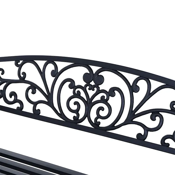 Outsunny Gartenbank - Metall, Schwarz - Geschwungene Rückenlehne aus schwarzem Metall für eine Gartenbank mit filigranen Verzierungen.