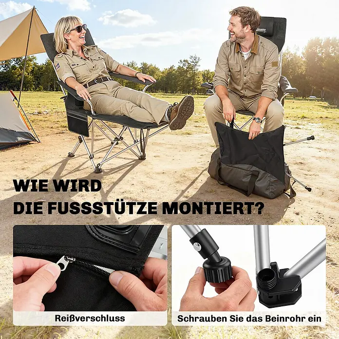 Outsunny Campingliege - Schwarz, B x T: 82 x 100 cm, Metall, Ausziehbar - Personen entspannen in grauen Campingstühlen, einer mit schwarzer Fußstütze. Die Montage der Fußstütze mittels Reißverschluss und Einschrauben eines Beines wird gezeigt.