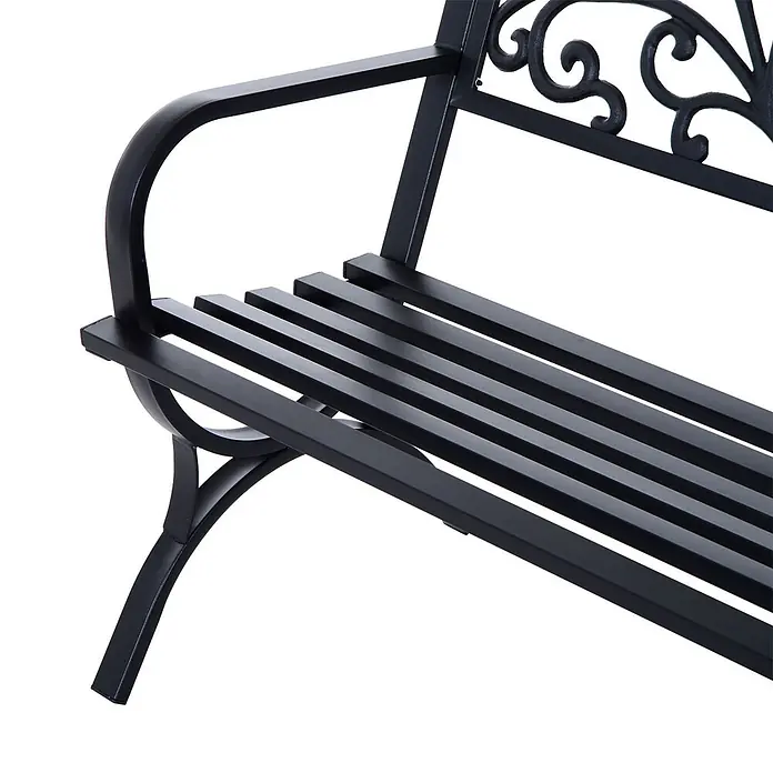 Outsunny Gartenbank - Metall, Schwarz - Schwarze Metall-Gartenbank mit Lattenrostsitz, geschwungener Armlehne und verschnörkelter Rückenlehne.