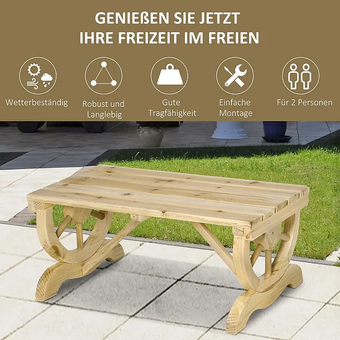 Outsunny Gartenbank - Tannenholz, Naturholz - Hellbraune Gartenbank aus Holz für zwei Personen auf einer Terrasse.