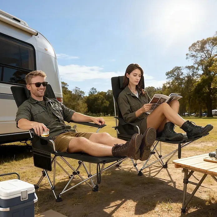 Outsunny Campingliege - Schwarz, B x T: 82 x 100 cm, Metall, Ausziehbar - Zwei Personen entspannen in schwarzen Campingstühlen mit silbernen Gestellen und integrierten Fußstützen im Freien neben einem Wohnmobil.