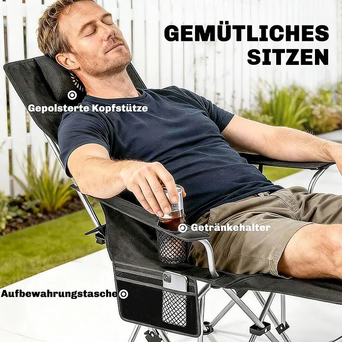 Outsunny Campingliege - Schwarz, B x T: 82 x 100 cm, Metall, Ausziehbar - Mann entspannt sich bequem in einem schwarzen Klappstuhl mit gepolsterter Kopfstütze, Getränkehalter und Aufbewahrungstasche.
