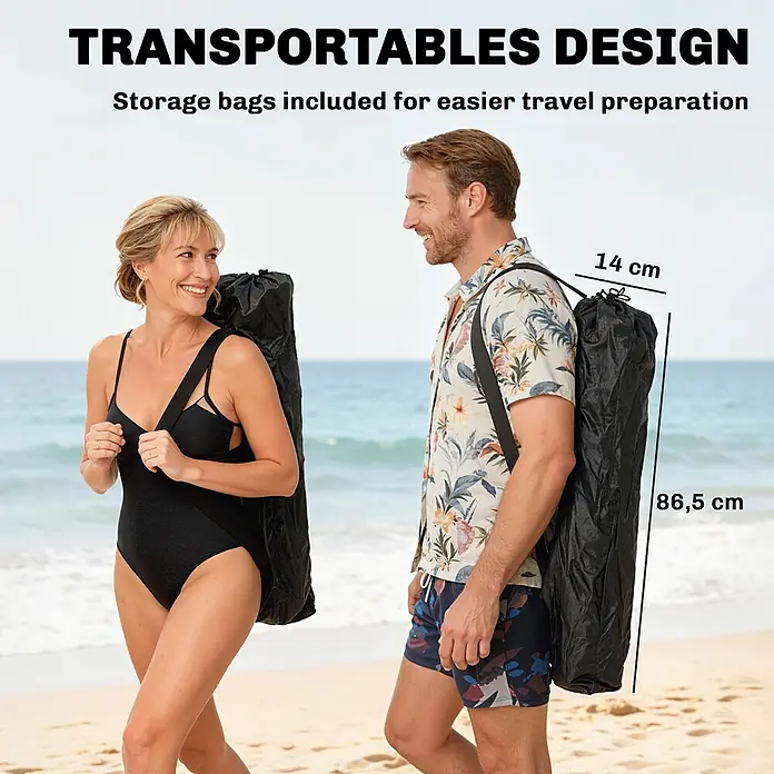 Outsunny Campingliege - Schwarz, B x T: 82 x 100 cm, Metall, Ausziehbar - Schwarze Transporttaschen (86,5x14 cm) von Personen am Strand getragen, betonen das reisefreundliche, tragbare Design.