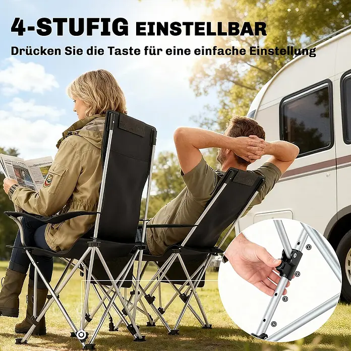 Outsunny Campingliege - Schwarz, B x T: 82 x 100 cm, Metall, Ausziehbar - Zwei schwarze Campingstühle mit silbernen Rahmen, von Personen im Freien genutzt. Ein Einsatz zeigt das 4-stufige Verstellen mit einem Knopf.