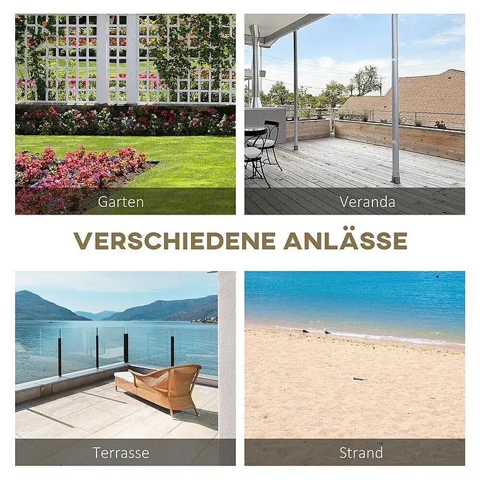 Outsunny Gartenbank - Tannenholz, Naturholz - Vier Außenszenen: Garten, Veranda, Seeterrasse und Strand, die verschiedene Nutzungsmöglichkeiten zeigen.