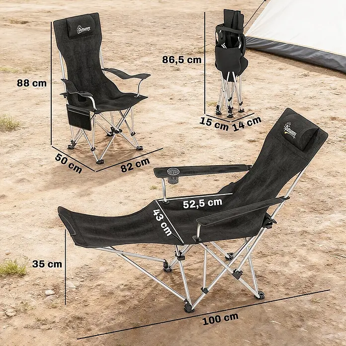 Outsunny Campingliege - Schwarz, B x T: 82 x 100 cm, Metall, Ausziehbar - Schwarzer Outsunny Campingstuhl, aufgeklappt mit Maßen und zusammengeklappt für Transport, im Freien dargestellt.