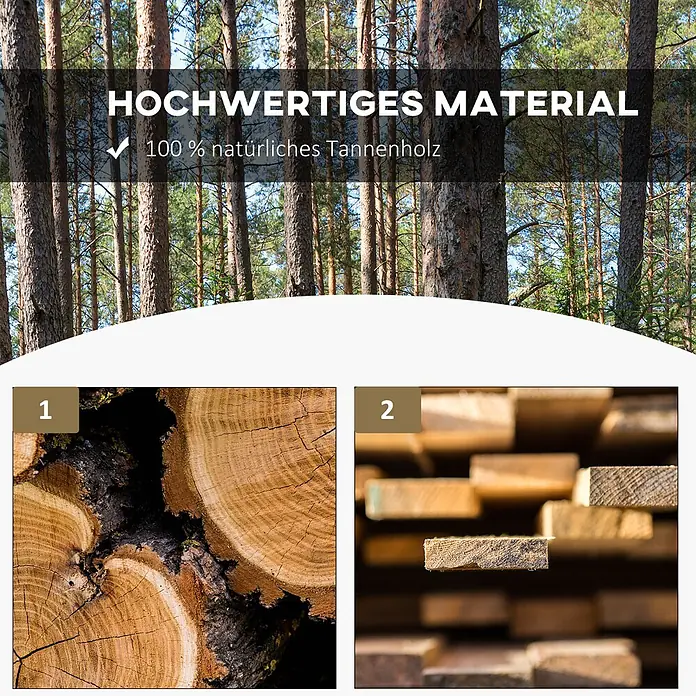Outsunny Gartenbank - Tannenholz, Naturholz - Hochwertiges Natur-Tannenholz, als Baumstämme und gestapeltes Schnittholz dargestellt.