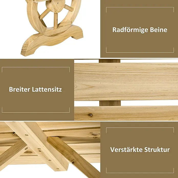 Outsunny Gartenbank - Tannenholz, Naturholz - Helles Holzmöbel: radförmige Beine, breiter Lattensitz, verstärkte Struktur.