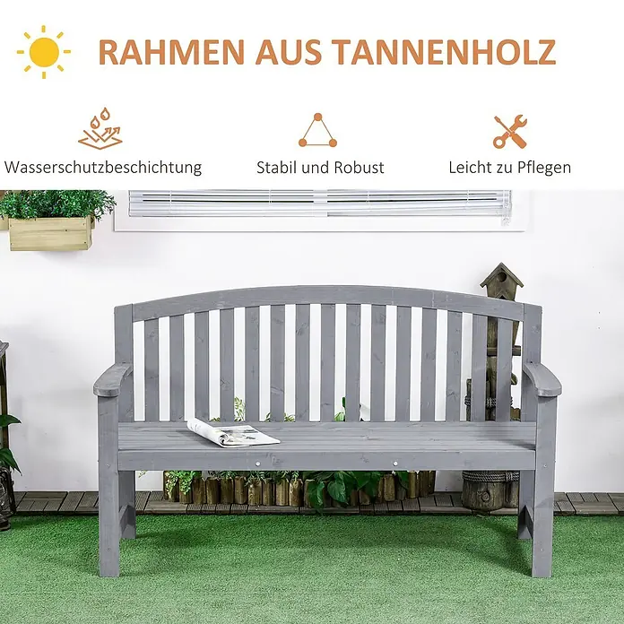 Outsunny Gartenbank - Tannenholz, Grau - Graue Gartenbank aus Tannenholz mit Lattenrückenlehne und Armlehnen.
