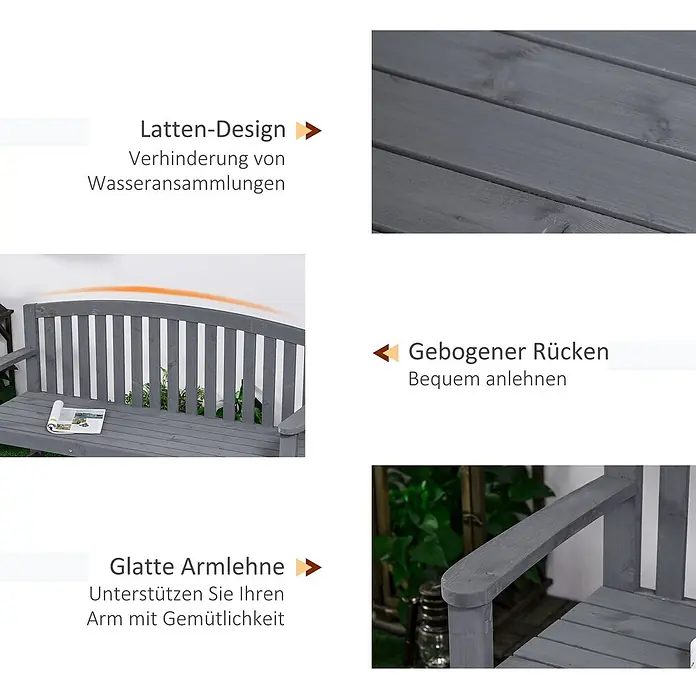 Outsunny Gartenbank - Tannenholz, Grau - Graue Holzbank mit Latten-Design zur Wasserableitung, gebogener Rückenlehne für Komfort und glatten Armlehnen.