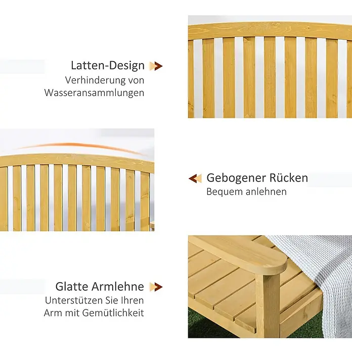 Outsunny Gartenbank - Tannenholz, Orange - Helle, gelbliche Holzgartenbank mit Lattenrost für Wasserablauf, gebogener Rückenlehne für Komfort und glatten Armlehnen.