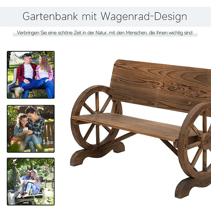 Furnicato Gartenbank Tannenholz - B x T x H: 58 x 114 x 80 cm, Tannenholz, Rosa, Blau, Weiß - Dunkelbraune Holz-Gartenbank mit Wagenrad-Design an den Seiten.