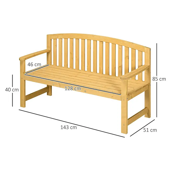Outsunny Gartenbank - Tannenholz, Orange - Hellbraune Holzgartenbank mit Lattenrost, Armlehnen, geschwungener Rückenlehne und Maßen.