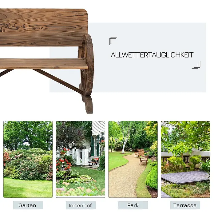Furnicato Gartenbank Tannenholz - B x T x H: 58 x 114 x 80 cm, Tannenholz, Rosa, Blau, Weiß - Hölzerne Gartenbank mit Wagenrad-Armlehne, allwettertauglich.