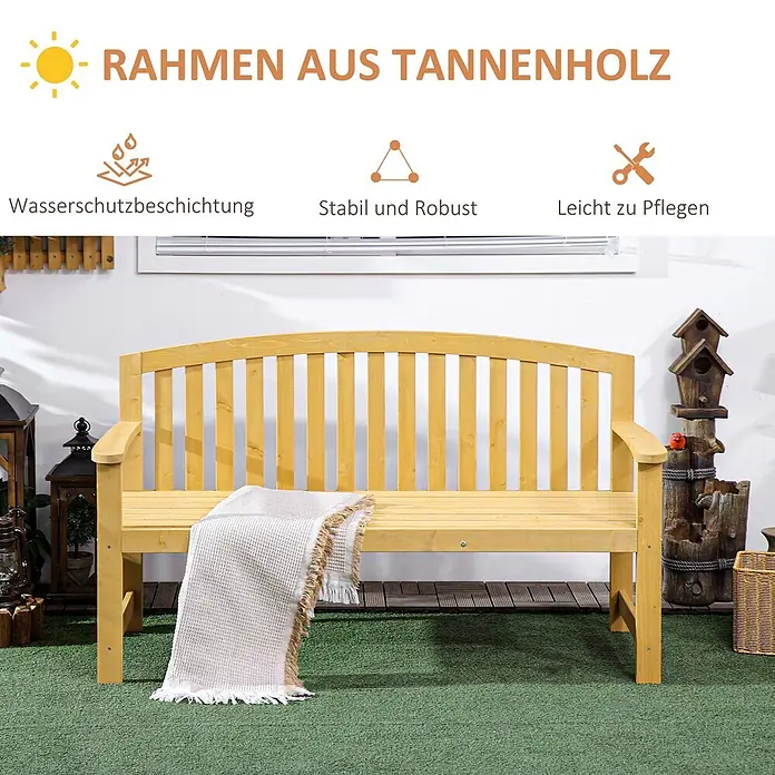 Outsunny Gartenbank - Tannenholz, Orange - Helle Tannenholz-Gartenbank mit Lamellenrückenlehne und geschwungener Oberseite, mit einer weißen Decke drapiert.