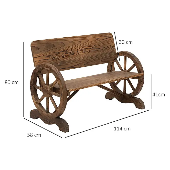 Outsunny Gartenbank - B x T x H: 58 x 58 x 80 cm, Tannenholz, Dunkelbraun - Braune Holzbank mit dekorativen Wagenrädern als Armlehnen und Beine.
