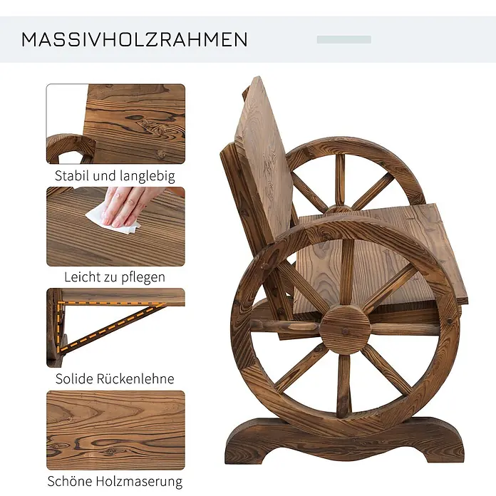 Furnicato Gartenbank Tannenholz - B x T x H: 58 x 114 x 80 cm, Tannenholz, Rosa, Blau, Weiß - Rustikale Massivholz-Gartenbank mit dekorativen Wagenradseiten und sichtbarer Holzmaserung.