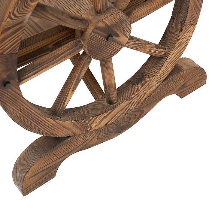 Furnicato Gartenbank Tannenholz - B x T x H: 58 x 114 x 80 cm, Tannenholz, Rosa, Blau, Weiß - Rustikales, dunkelbraunes Holzrad mit sichtbarer Maserung auf einem geschwungenen Holzständer.