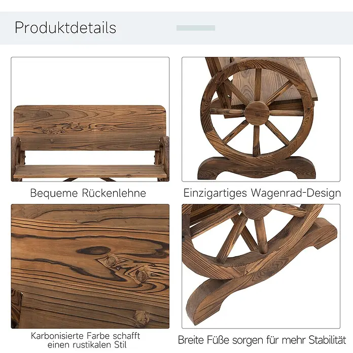 Furnicato Gartenbank Tannenholz - B x T x H: 58 x 114 x 80 cm, Tannenholz, Rosa, Blau, Weiß - Detaillierte Ansichten einer rustikalen Holzbank mit verkohltem Finish, bequemer Rückenlehne, einzigartigem Wagenrad-Design und breiten Füßen für Stabilität.
