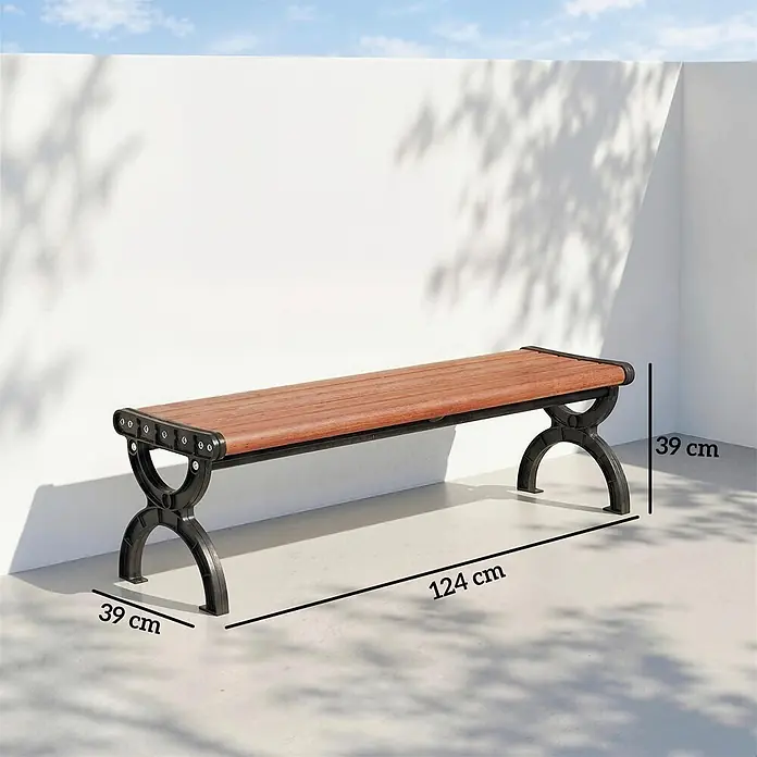 Outsunny Gartenbank - B x T x H: 39 x 39 x 39 cm, Metall, Braun - Eine Outdoor-Bank mit braunen Holzlatten und schwarzen X-förmigen Metallbeinen, 124x39x39 cm (LxHxT).
