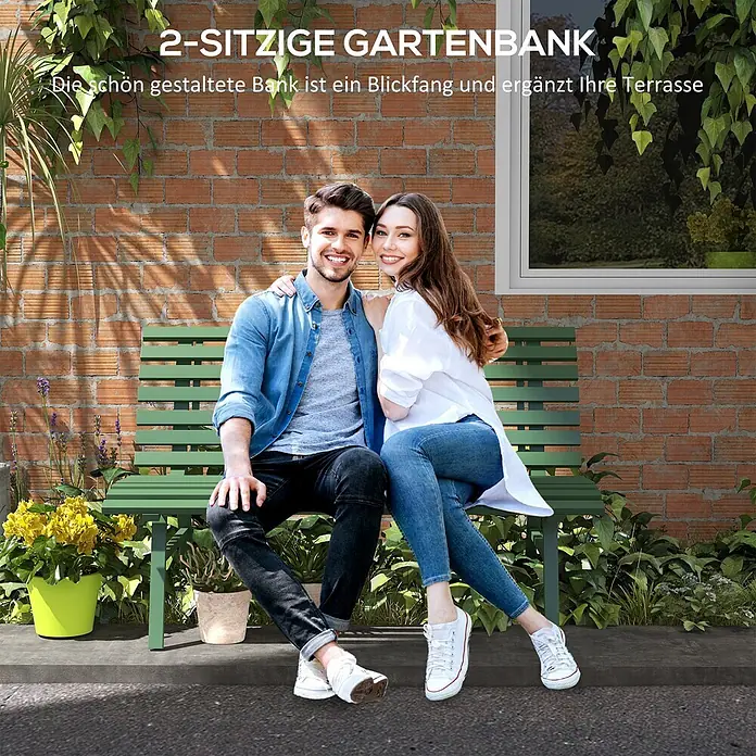 Outsunny Gartenbank - B x T x H: 67 x 67 x 79 cm, Aluminium, Grün - Grüne 2-Sitzer Gartenbank, die bequem zwei Personen auf einer Terrasse Platz bietet.