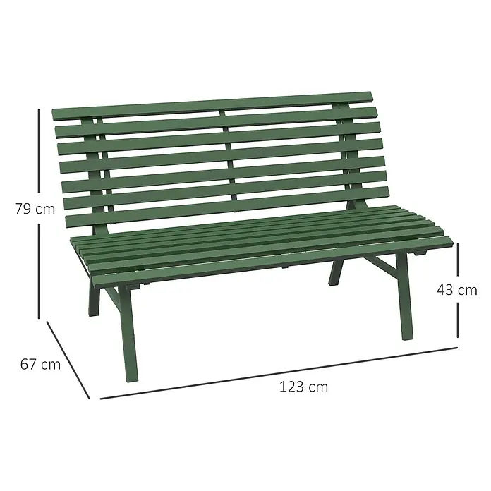 Outsunny Gartenbank - B x T x H: 67 x 67 x 79 cm, Aluminium, Grün - Grüne Gartenbank aus Holz mit Lattenrostsitz und Rückenlehne, Maße angezeigt.