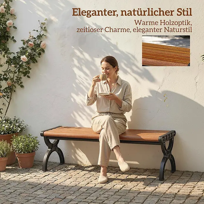 Outsunny Gartenbank - B x T x H: 39 x 39 x 39 cm, Metall, Braun - Gartenbank aus Holz und Metall, auf der eine Frau sitzt.