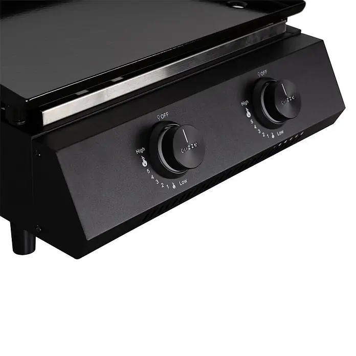 Cozze Plancha-Grill G 400 - Grillfläche (B x T): 48 x 35 cm, Anzahl Brenner: 2 Stk., Schwarz - Nahaufnahme des schwarzen Bedienfelds einer Grillplatte mit zwei Cozze-Knöpfen für High, Low und Off, Flammen-Symbolen.