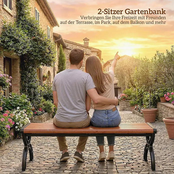 Outsunny Gartenbank - B x T x H: 39 x 39 x 39 cm, Metall, Braun - Eine 2-Sitzer Gartenbank mit Holzlatten und schwarzem Metallgestell, von einem Paar im Freien genutzt.