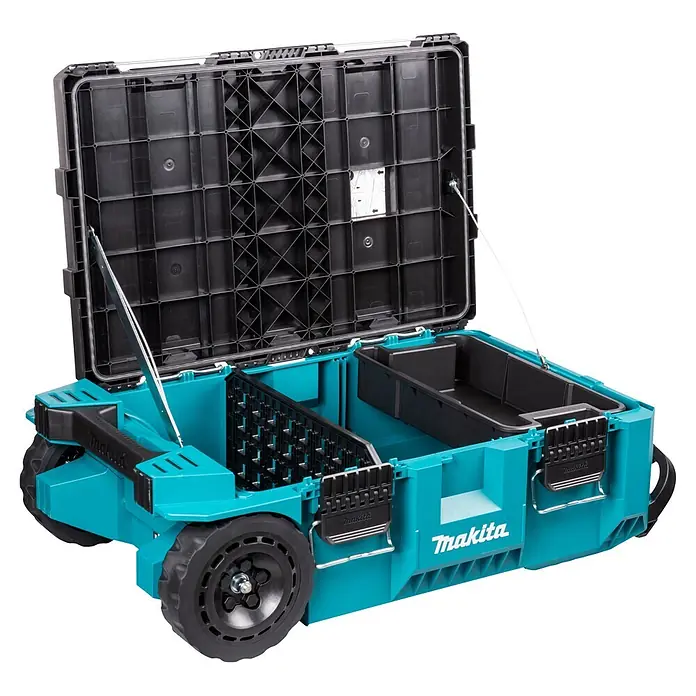 Makita Werkzeugkasten Maktrak Trolley L - Kunststoff, L x B x H: 101,1 x 56,5 x 29,5 cm - Offene Makita Rollwerkzeugkiste in Türkis und Schwarz, Deckel hochgeklappt, zeigt Innenfächer und stabile Räder.