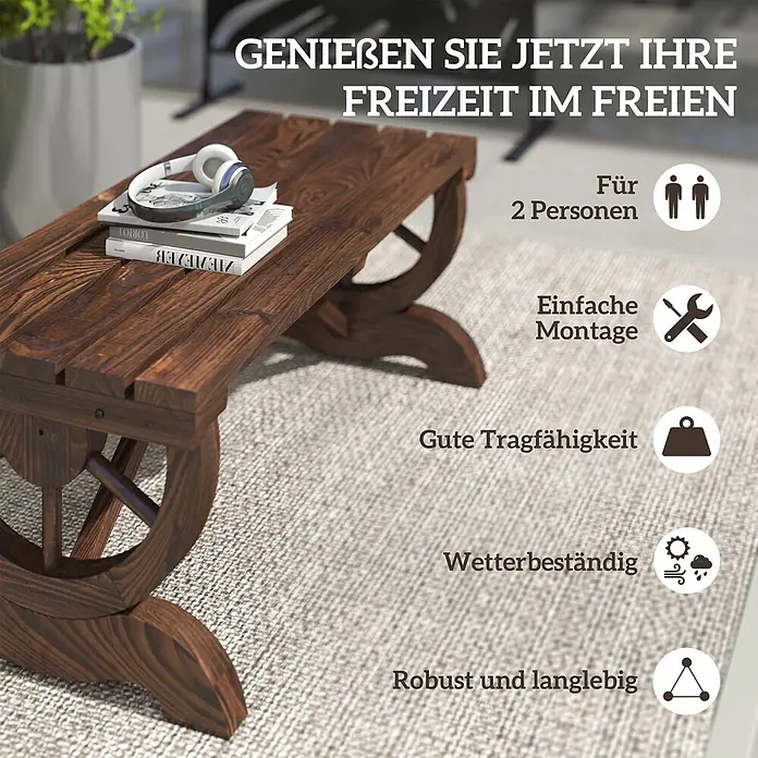 Outsunny Gartenbank - Tannenholz, Braun - Dunkelbraune Holzgartenbank/-couchtisch mit Lattenrost und dekorativen radförmigen Seiten, ideal für den Außenbereich.