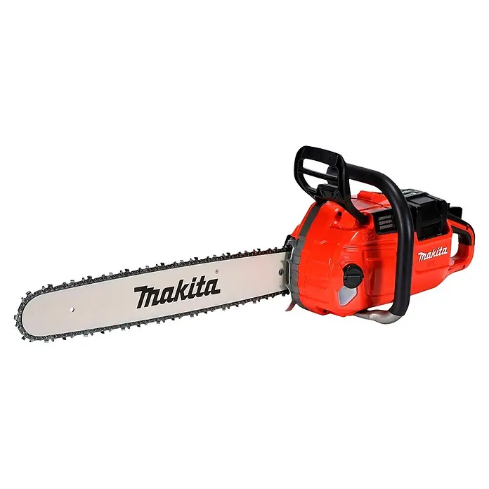 Makita Akku-Kettensäge UC030GE103 - 40 V, Li-Ionen, 1 Akku, Schwertlänge: 50 cm - Orange-schwarze Makita Kettensäge mit hellgrauem Schwert, zum Holzschneiden.