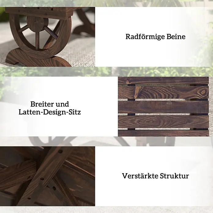 Outsunny Gartenbank - Tannenholz, Braun - Dunkelbraune Gartenbank aus Holz mit radförmigen Beinen, breiter Latten-Sitzfläche und verstärkter Struktur.