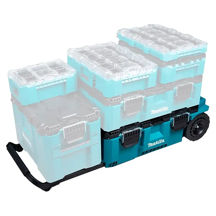 Makita Werkzeugkasten Maktrak Trolley L - Kunststoff, L x B x H: 101,1 x 56,5 x 29,5 cm - Makita modulare Werkzeugkisten in Türkis mit transparenten Deckeln, auf einem schwarzen Rollwagen für tragbare Aufbewahrung.