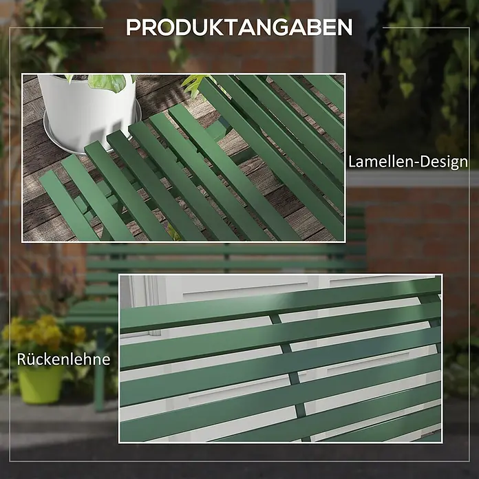 Outsunny Gartenbank - B x T x H: 67 x 67 x 79 cm, Aluminium, Grün - Nahaufnahmen von grünen Gartenmöbeln mit Lattenrost-Design, das Sitzfläche und Rückenlehne hervorhebt.