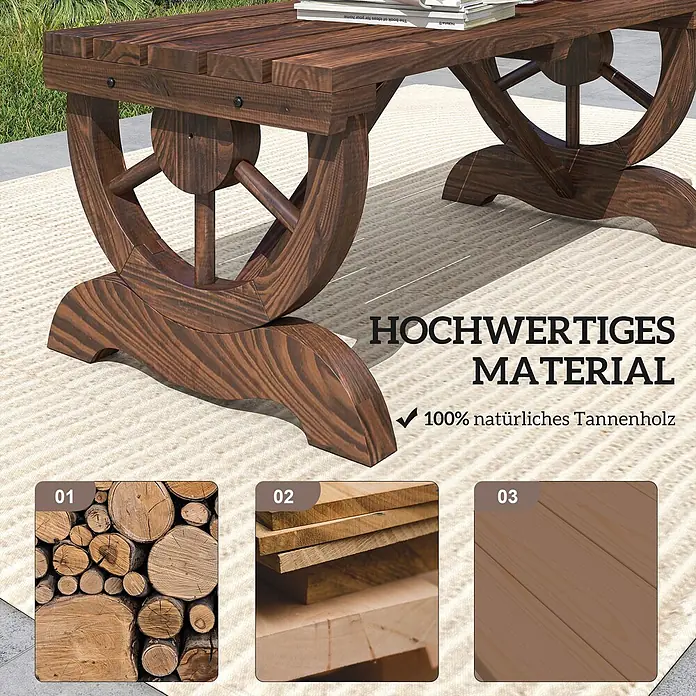 Outsunny Gartenbank - Tannenholz, Braun - Dunkel gebeizter Couchtisch aus Tannenholz mit einzigartigen Rad-förmigen Beinen, im Außenbereich gezeigt.