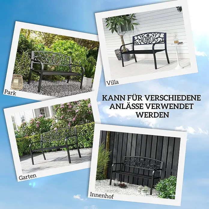 Furnicato Gartenbank pulverbeschichtet - B x T x H: 60 x 127 x 87 cm, Metall, Schwarz - Schwarze Metallgartenbank, in vier verschiedenen Außenbereichen gezeigt: Park, Villa, Garten und Innenhof, was ihre Vielseitigkeit unterstreicht.