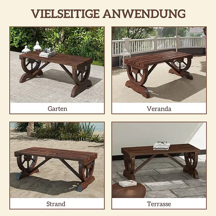Outsunny Gartenbank - Tannenholz, Braun - Dunkelbraune Holzbank mit dekorativen Beinen, gezeigt in Garten, Veranda, am Strand und auf der Terrasse.