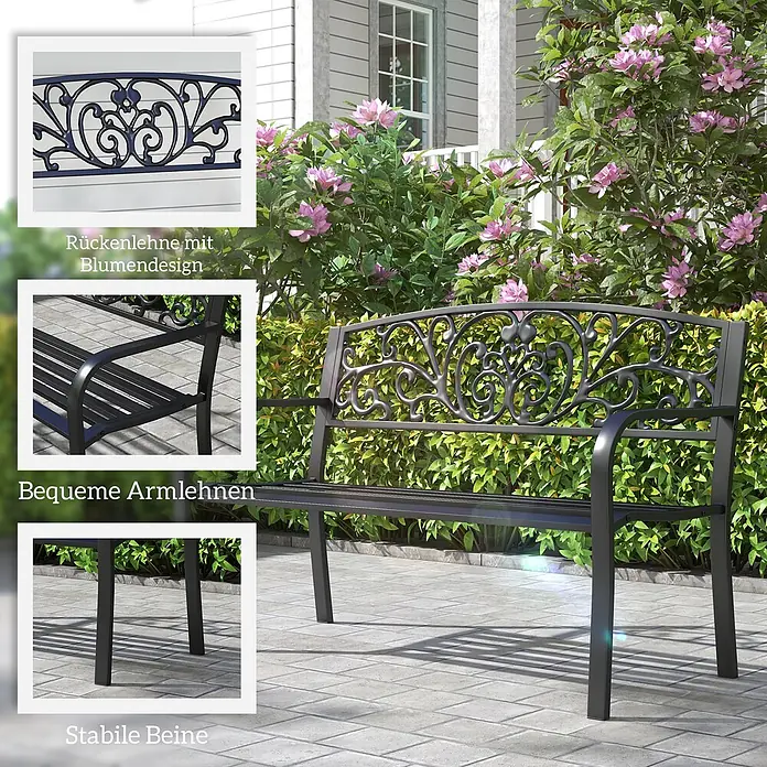 Furnicato Gartenbank pulverbeschichtet - B x T x H: 60 x 127 x 87 cm, Metall, Schwarz - Eine schwarze Metall-Gartenbank mit verschnörkelter Blumenrückenlehne, bequemen Armlehnen und stabilen Beinen, im Garten gezeigt.