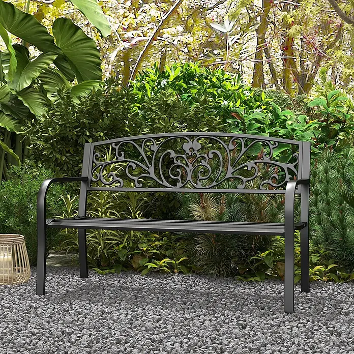 Furnicato Gartenbank pulverbeschichtet - B x T x H: 60 x 127 x 87 cm, Metall, Schwarz - Elegante schwarze Metallgartenbank mit ornamentaler Rückenlehne, auf Kies.