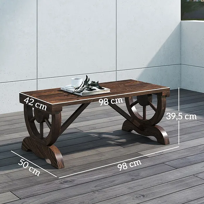 Outsunny Gartenbank - Tannenholz, Braun - Dunkler Holztisch mit den Maßen: 98 cm Länge, 50 cm Breite, 39,5 cm Höhe.